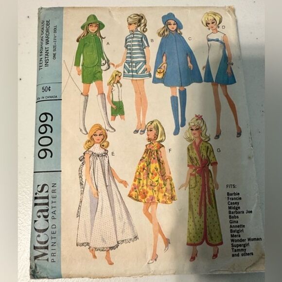 60’s  Vintage McCalls 9099 Sewing PatternTeen Fashion Doll Wardrobe - Fits Dolla - Picture 1 of 3